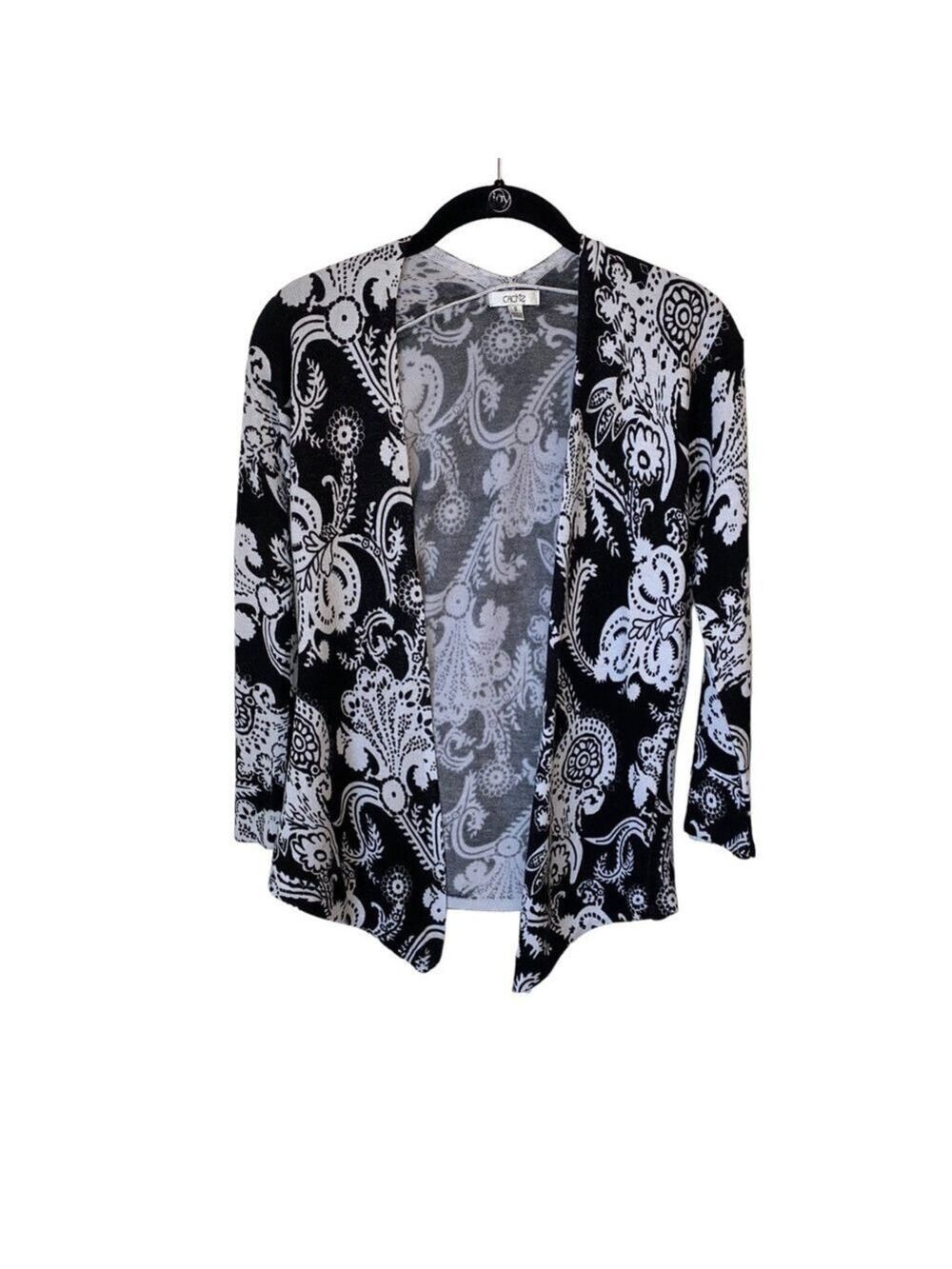 Cache Open Front Paisley Black and White Hi Low Point Cardigan Size Small - Picture 3 of 7